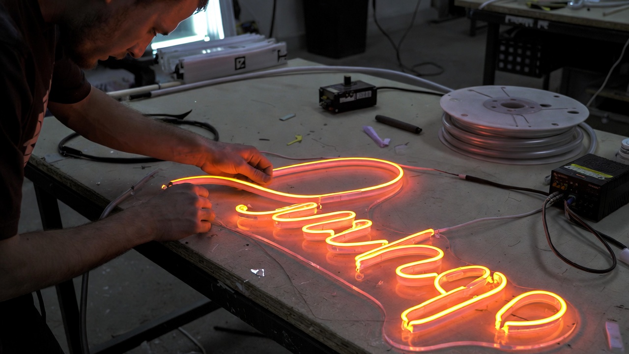 Persona creando letrero neón flex verde en taller